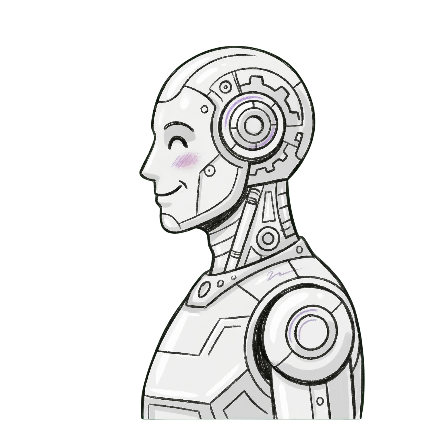 Minimalistische Illustration eines humanoiden Roboters im Seitenansicht-Profil mit Kopfhörern und technischen Elementen. Symbolisiert den Einsatz von Künstlicher Intelligenz im Bewerbungsprozess als Feature-Bild für den Blogbeitrag 'Bewerbung mit KI'